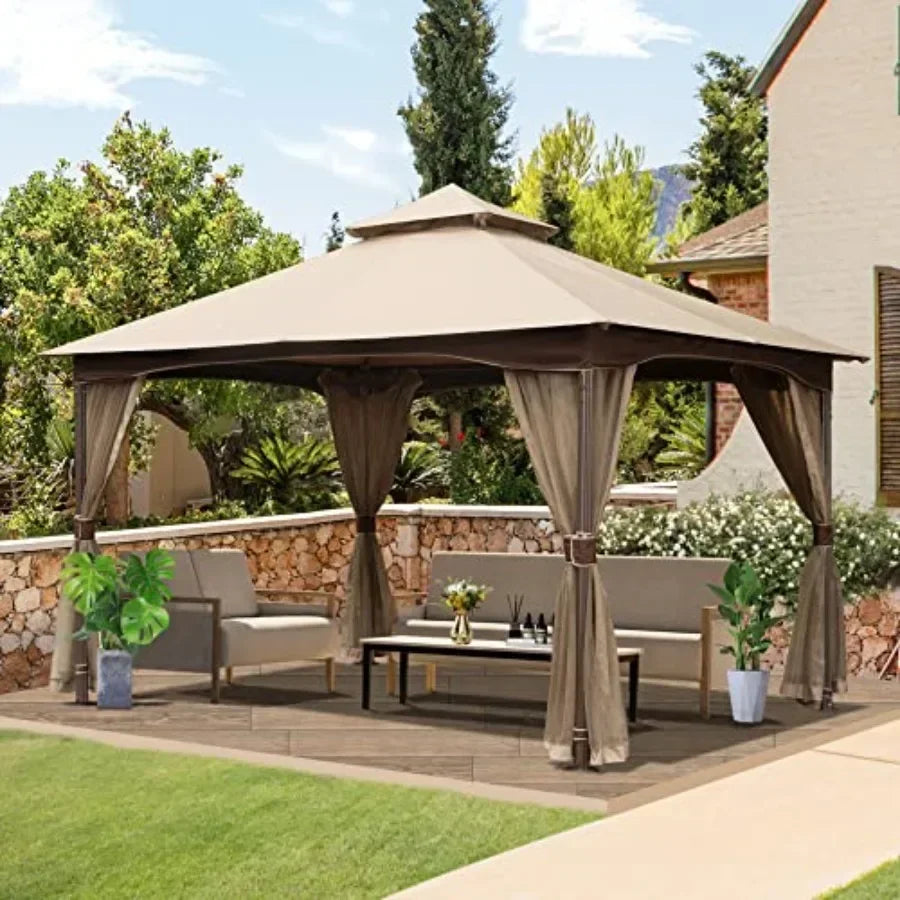 Domi 10' x 13' Outdoor  with Mosquito Netting Double Roof t Top Gazebo Pergola Metal Fe Patio Shelter for Deck Backyard Garden