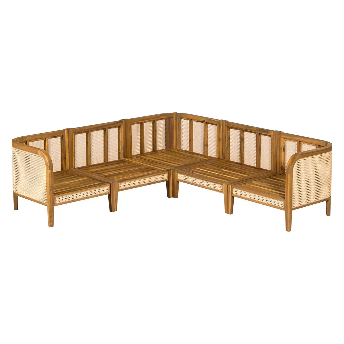 5 Piece Patio Outdoor Furniture Set, All-Weather Rattan Wicker L-Shaped Sectional Sofa w/Cushions, Acacia Wood, Customized