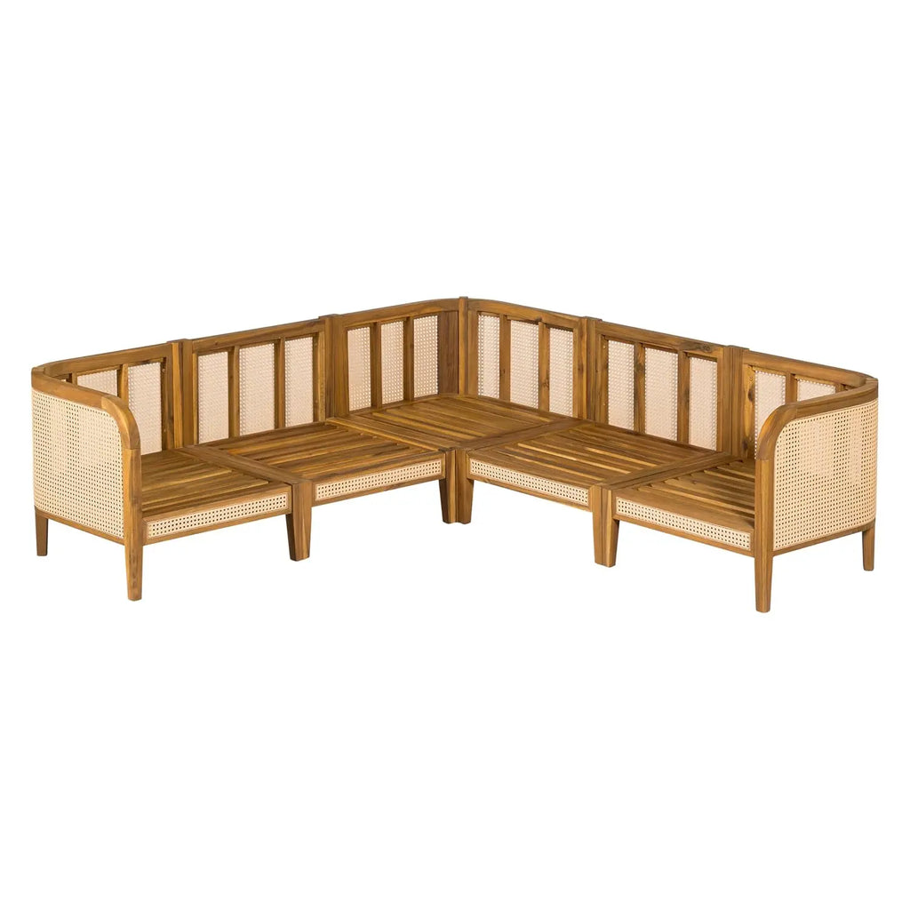 5 Piece Patio Outdoor Furniture Set, All-Weather Rattan Wicker L-Shaped Sectional Sofa w/Cushions, Acacia Wood, Customized