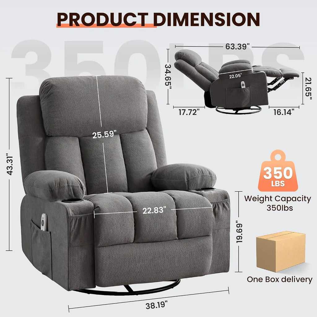 Swivel Rocker Recliner with Massage, Heat, USB, Cup Holders & Side Pocket for Living Room, Customized