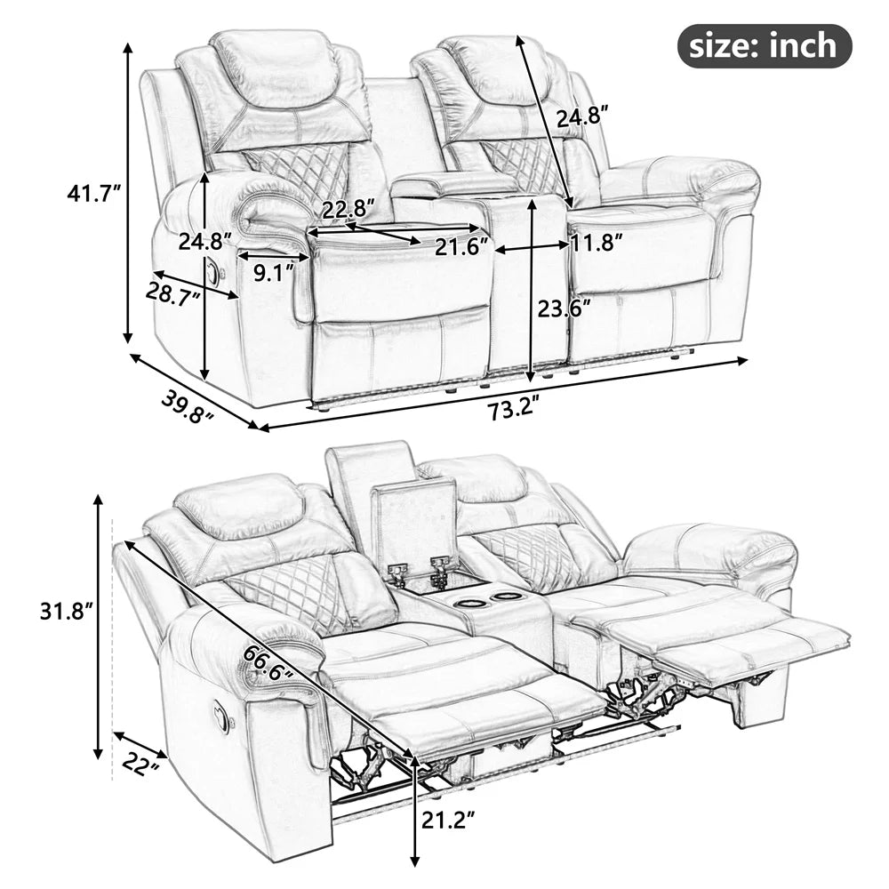 #￥Couple Manual Reclining Sofa Chair 2-seat Black Faux Leather Smart Electric Sofa Recliner Chair Supplier with Cup Holder LED