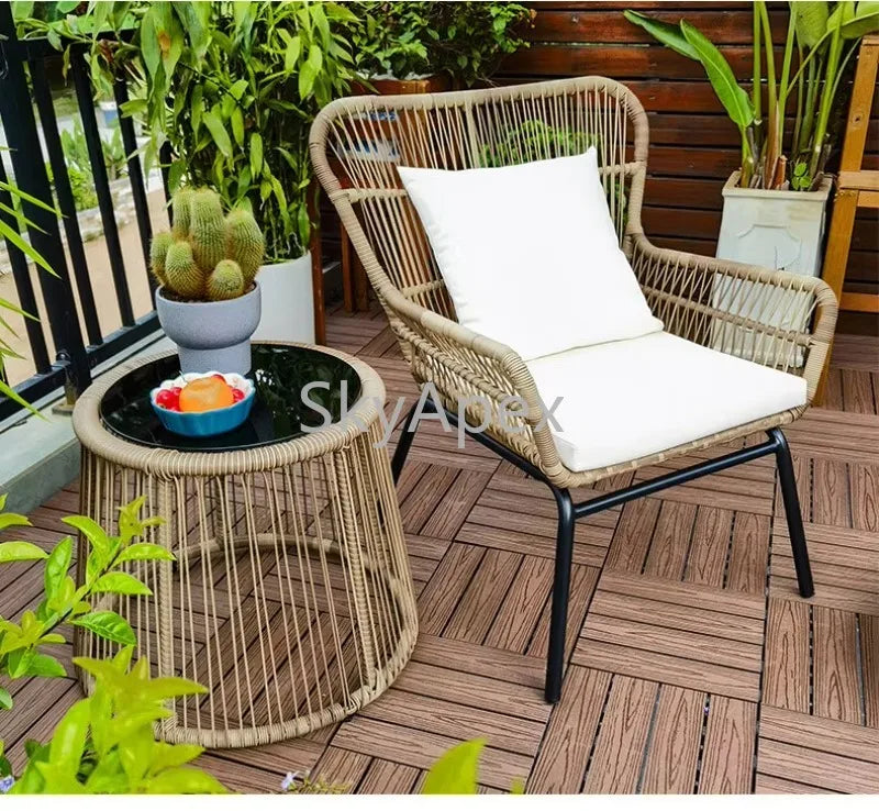Modern 3-Piece 2-Seater Comfortable Metal Frame Rattan Wicker Chair and Table Set  For Outdoor Balcony Courtyard Apartment Patio