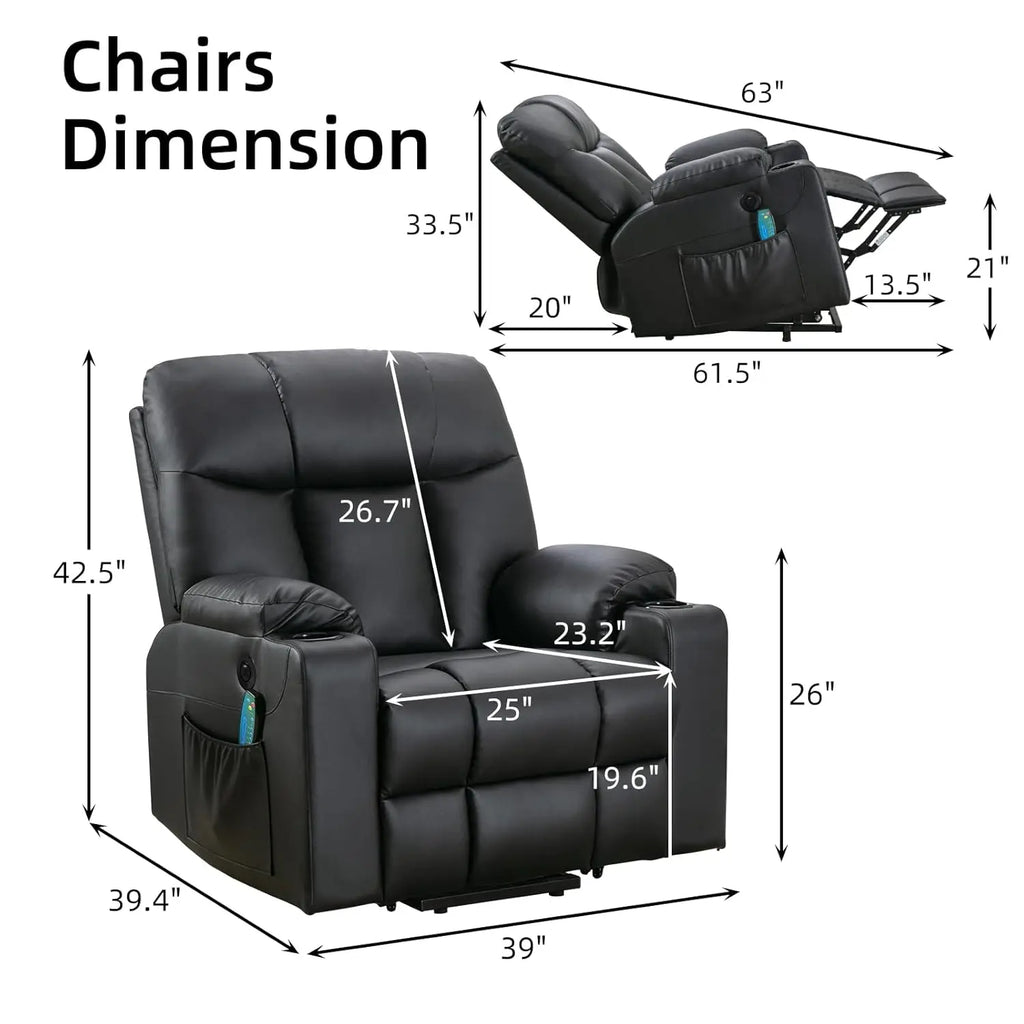Electric Power Lift Recliner Chair with Massage Heat for Elderly, 3 Positions, USB, Cup Holders, Faux Leather