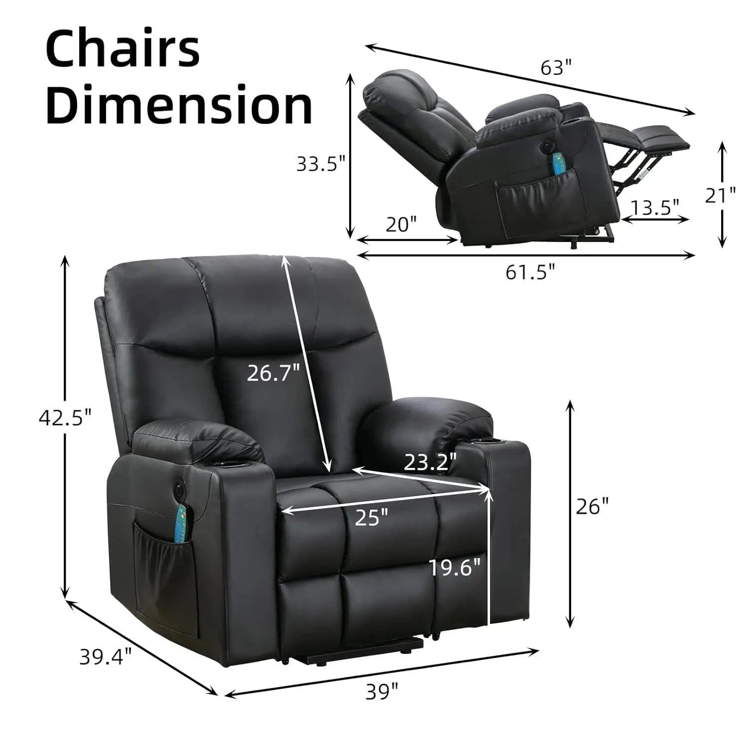 Electric Power Lift Recliner Chair with Massage Heat for Elderly, 3 Positions, USB, Cup Holders, Faux Leather