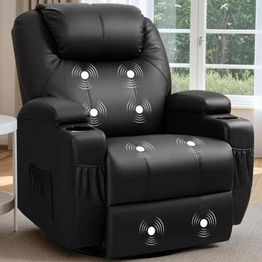 Black Leather Swivel Rocking Recliner with Massage, Cup Holders for Living Room, Bedroom, or Nursery