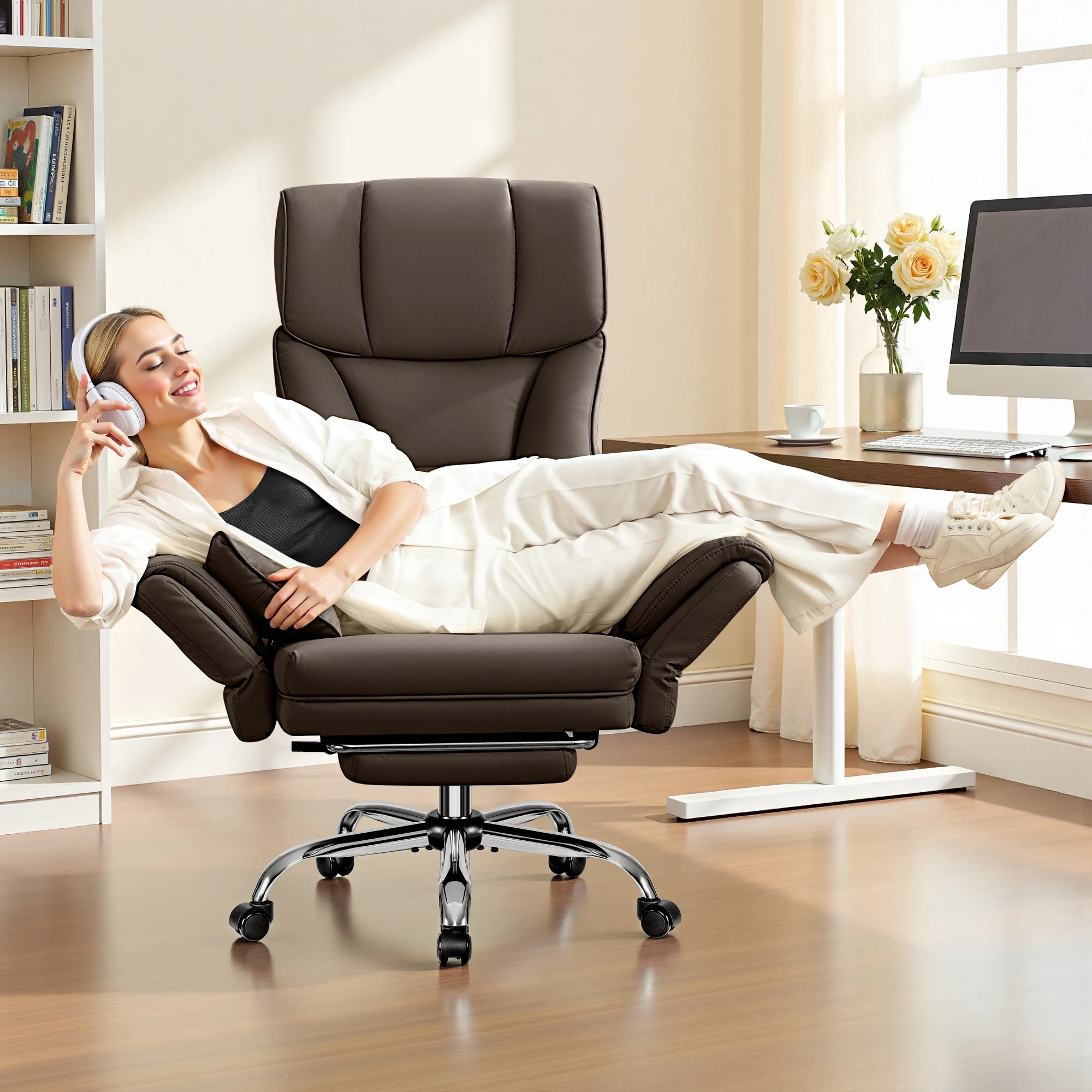 KERDOM 500lbs Big and Tall Office Chair with Flip Armrests and Wide Seat, Home Office Desk Chairs with Adjustment Lumbar Support, for Pets and Cross Legged Sitting, Headrest PU Leather Executive Chair, Metal Base & Quiet Rubb