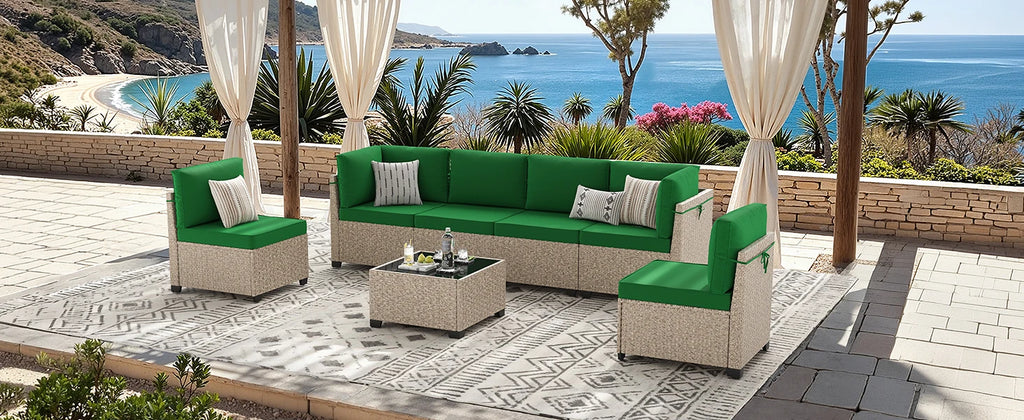 7-Piece Patio Furniture Set, Outdoor Rattan Sectional Sofa with Tempered Glass Table, All-Weather, for Garden, Porch, Backyard