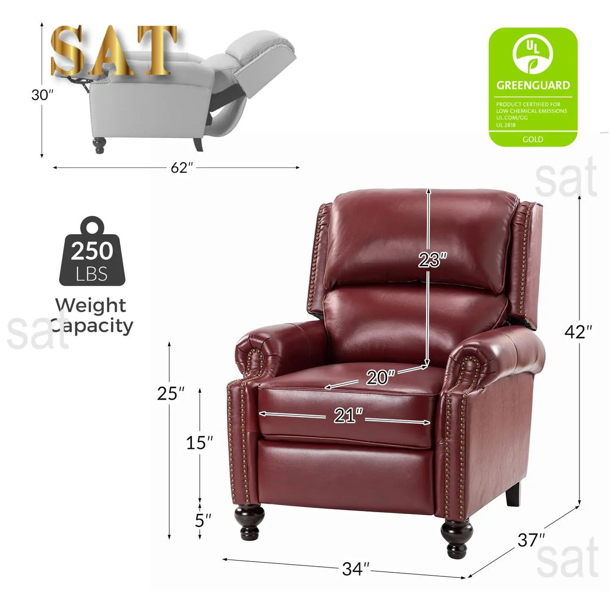 #Genuine Leather Wingback Recliner Thick Cushioned Seat Push Back Nailhead Trim Living Room Chair, Customized