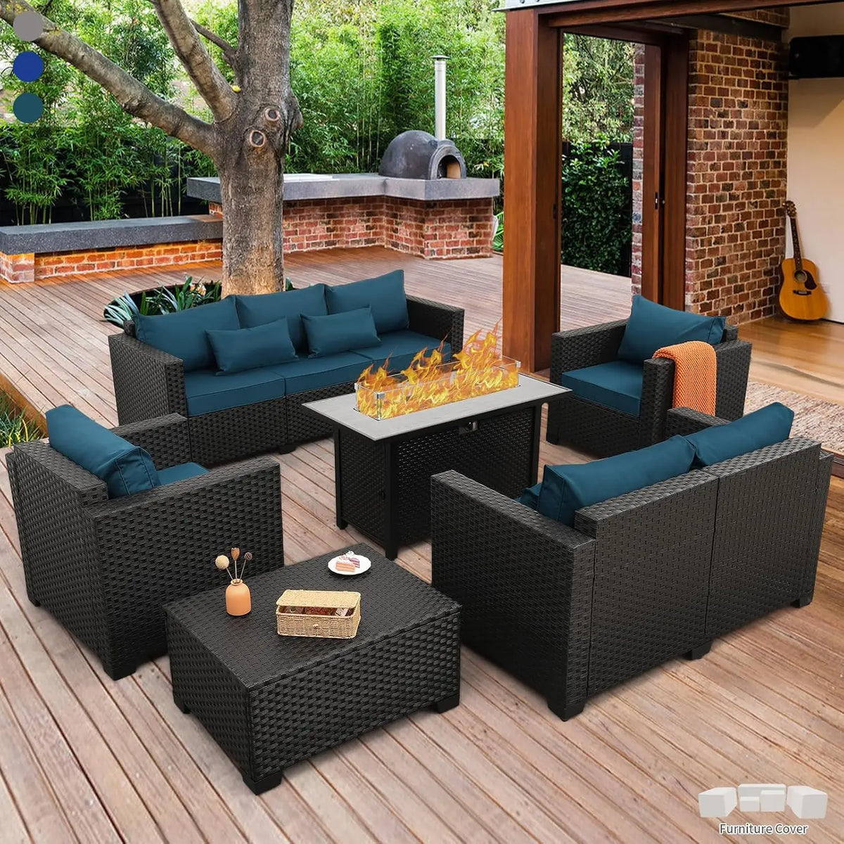 6 Pcs Outdoor Furniture Sets Patio Furniture Set with 45" Fire Pit Patio Couch Outdoor Chairs 60000 BTU Steel Propane, Custom