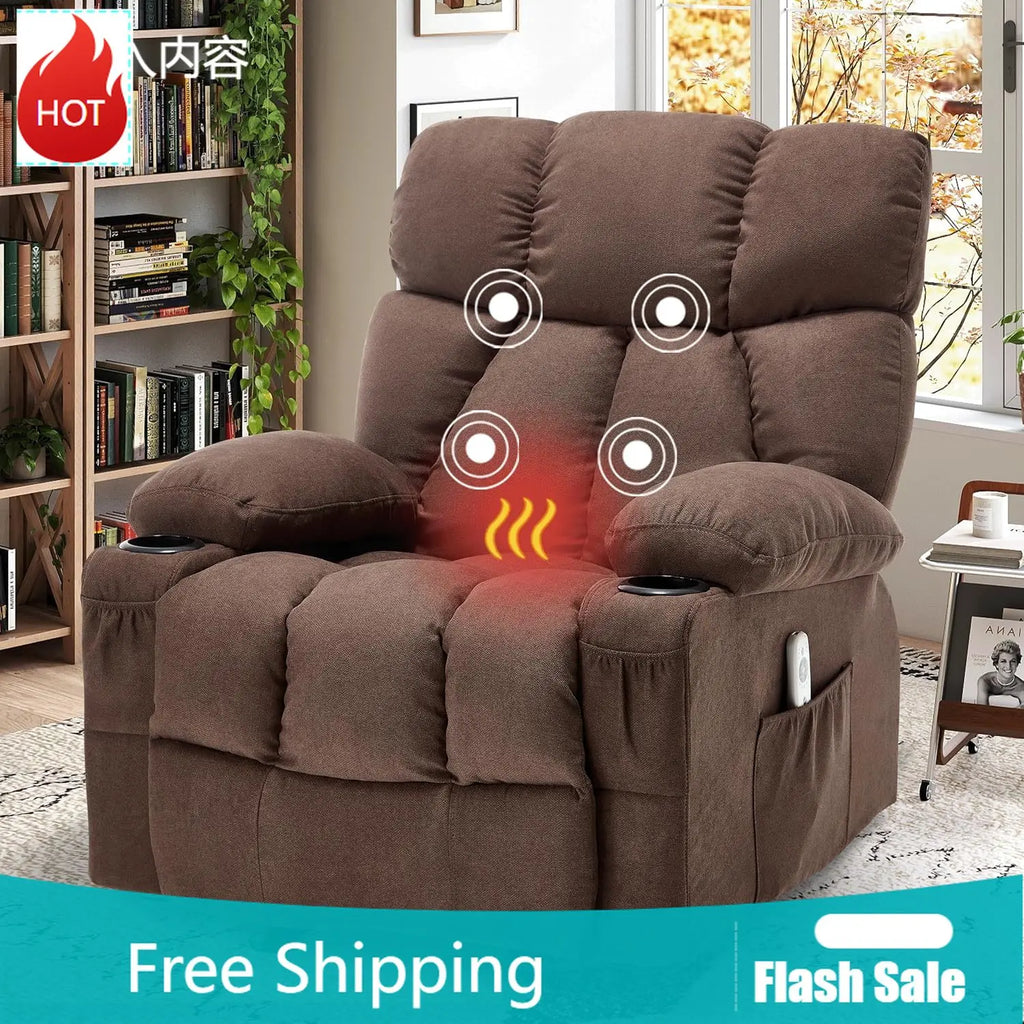 Brown Massage Recliner Chair Rocker Lazy Chair Vibration Heat Fabric Ergonomic Manual Nursery Chair Living Room Side Pocket Cup