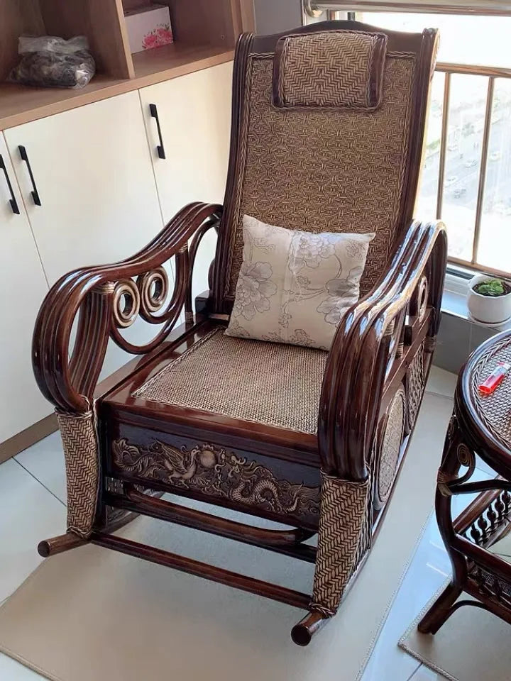 CZ Rocking Chair Hanging Basket Natural Real Rattan Plant Woven Relaxing Leisure Recliner