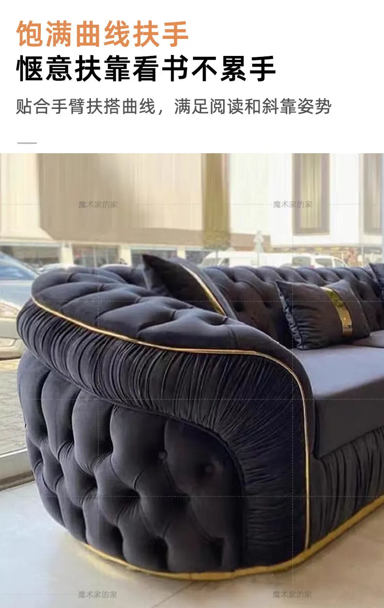 Luxury Chesterfield Sectional Sofa Set with Cloth Buttons and Fabric Modular Couch with Gold Stainless Steel Base, 3-seater Sofa