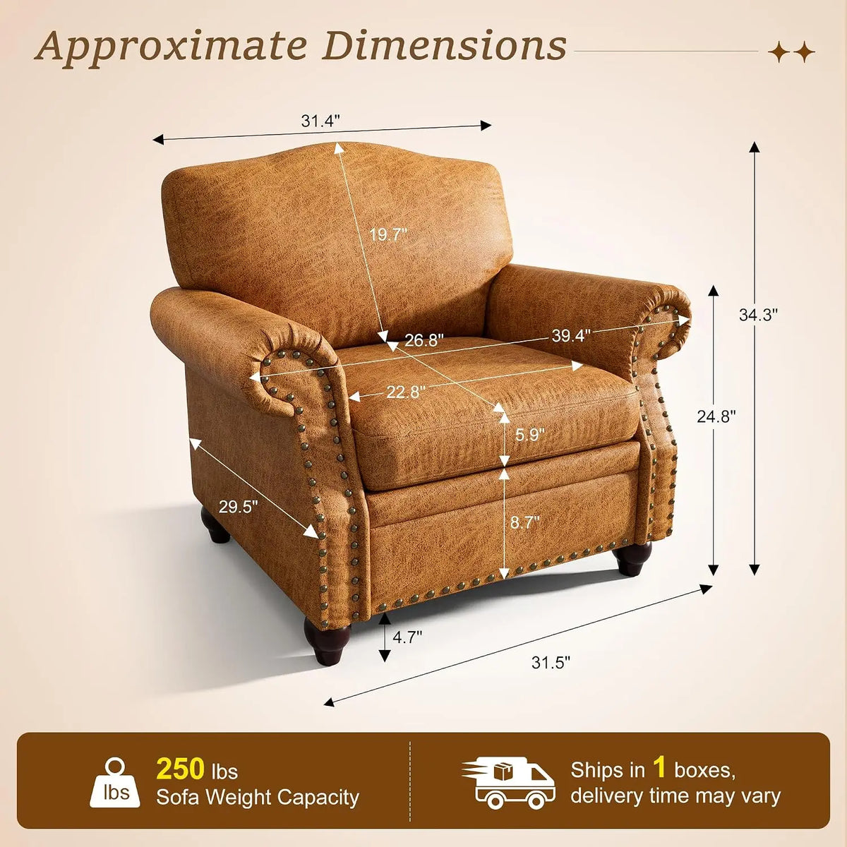 Faux Leather Accent Chairs Set of 2 with Rivet Design, Living Room Arm Chair with Rolled Arms and Nailhead, Large, Customized