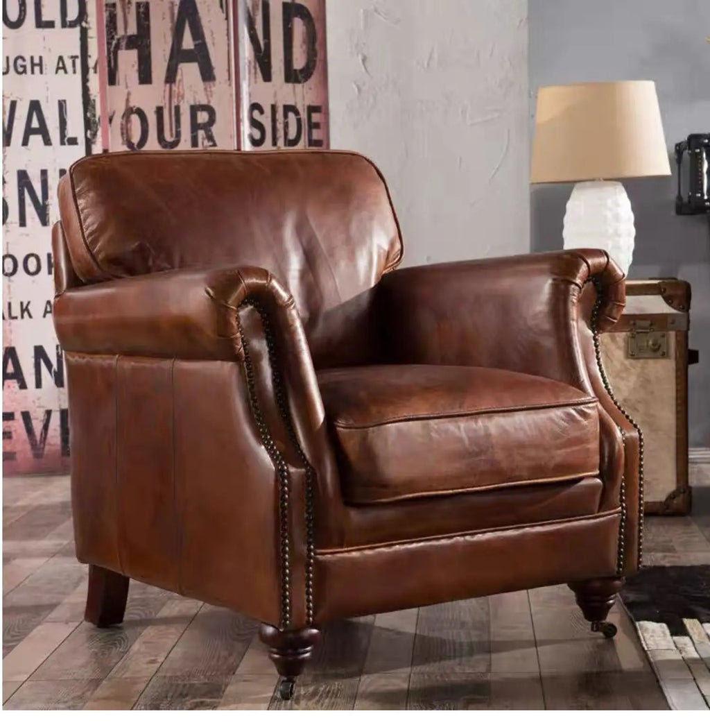 SS Medieval classic leather single sofa oil wax leather cigar chair living room cigar bar  retro sofa chair