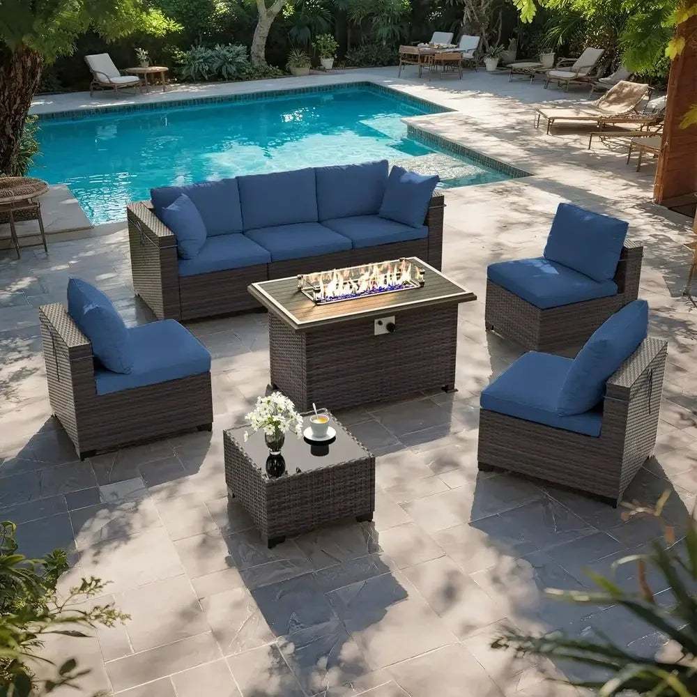 Furniture Set with Fire Pit Table 55000 BTU, Outdoor Sectional with Wide Seat and Thick Cushion, 8 Piece Wicker Rattan Conversa
