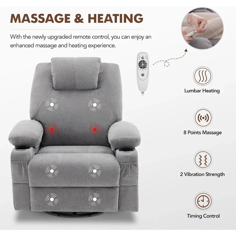 Rotating Joystick Lounge Chair with Heating and Massage, 360 Degree Rotating Lounge Chair with Cup Holder and USB Port