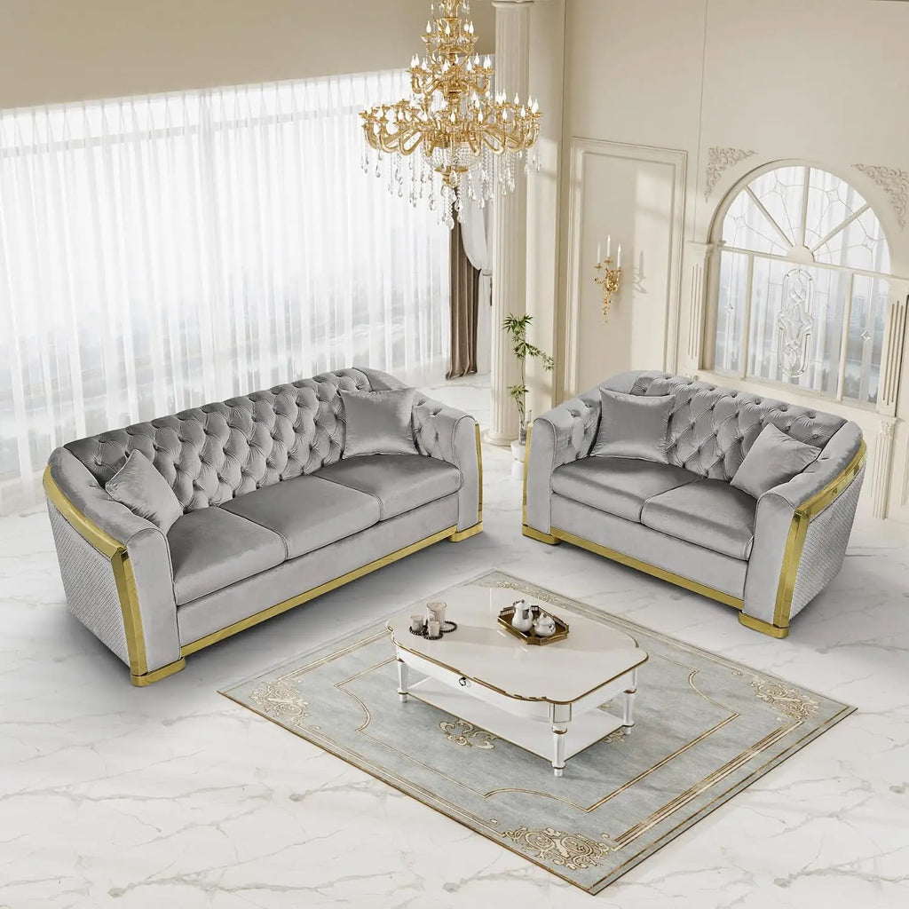 Mid Century Modern Sofa 84" Grey & Gold Tufted Velvet Upholstered Living Room Furniture, Customized