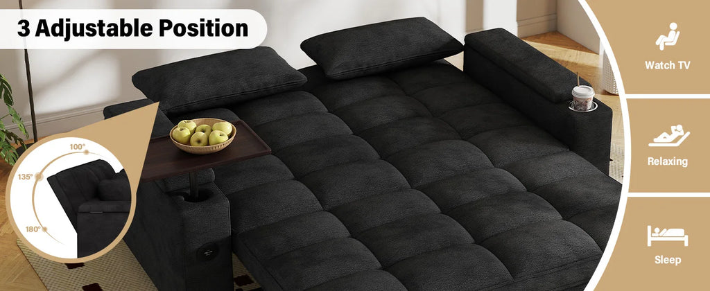 65" 3-in-1 Folding Convertible Sofa Bed with 360° Swivel Side Table, Pull Out Couch USB Charging, Modern Corduroy Chenille, Black