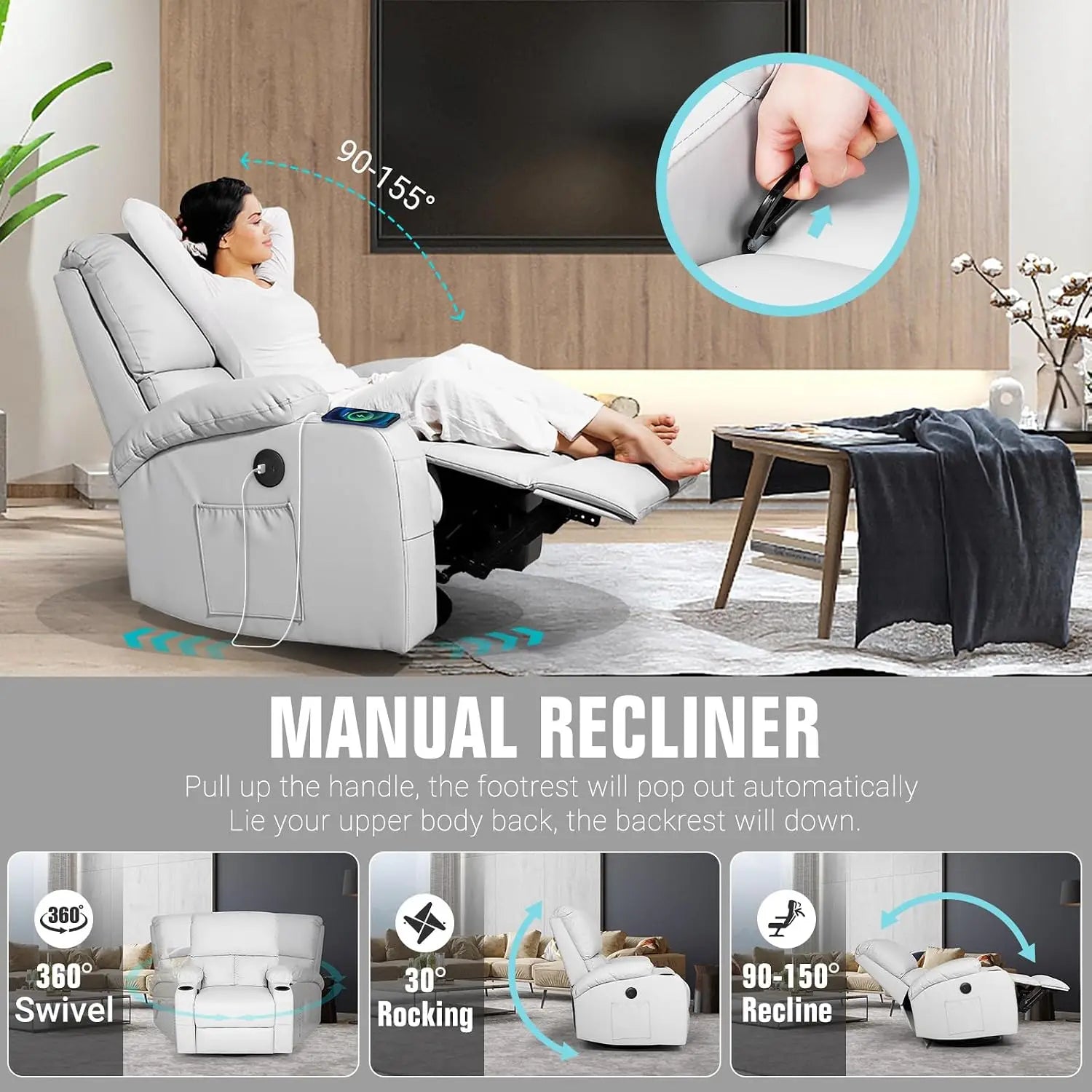 Rocking Recliner Chair, Massage Rocker Recliner Chair with Vibration Massage and Heat, USB and Type-C Ports,360° Swivel Faux Lea