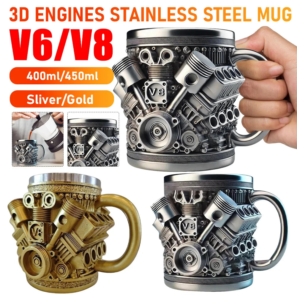 3D Engines Stainless Steel Cup Handmade V6 V8 Engines Coffee Cup For Car Enthusiasts 400ML Capacity Tea Mug For Home Or Office ﻿