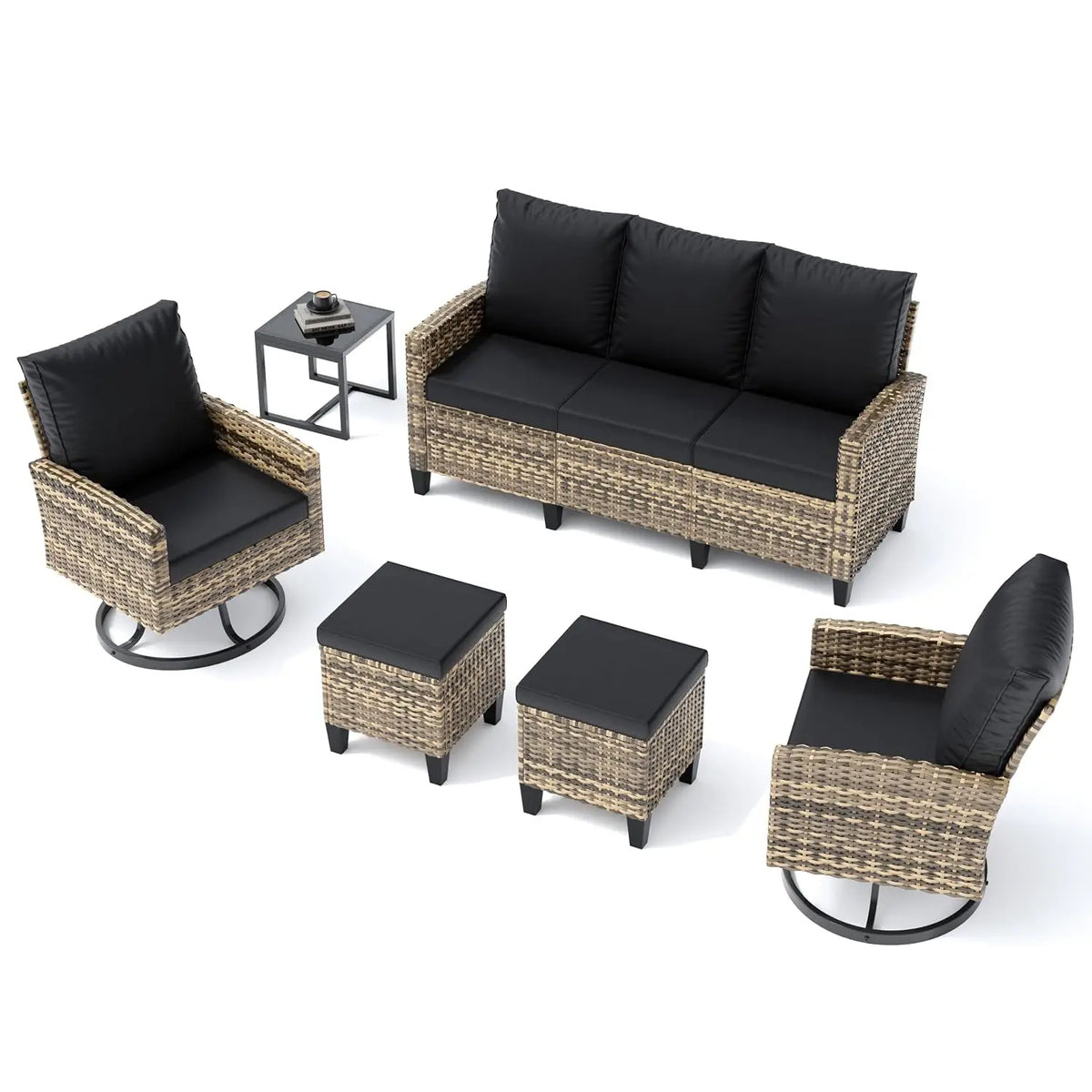 Outdoor Patio Furniture Set with Swivel Chairs 7 Pcs Black/Yellow | Outdoor Conversation Sets, Ottomans and Coffee, Customized