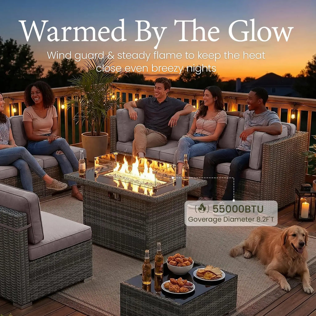 8 Piece Patio Furniture Set with 44" Propane Gas Fire Pit Table, Outdoor Sectional Conversation Set Wicker Rattan, Customized