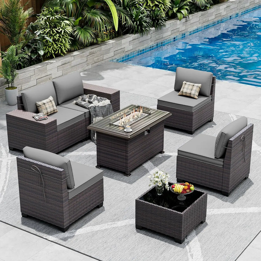 Outdoor Sectional Sofa Set w/Gas Fire Pit, 7 Pieces PE Wicker Patio Furniture, 43in Propane Table, Grey, Customized