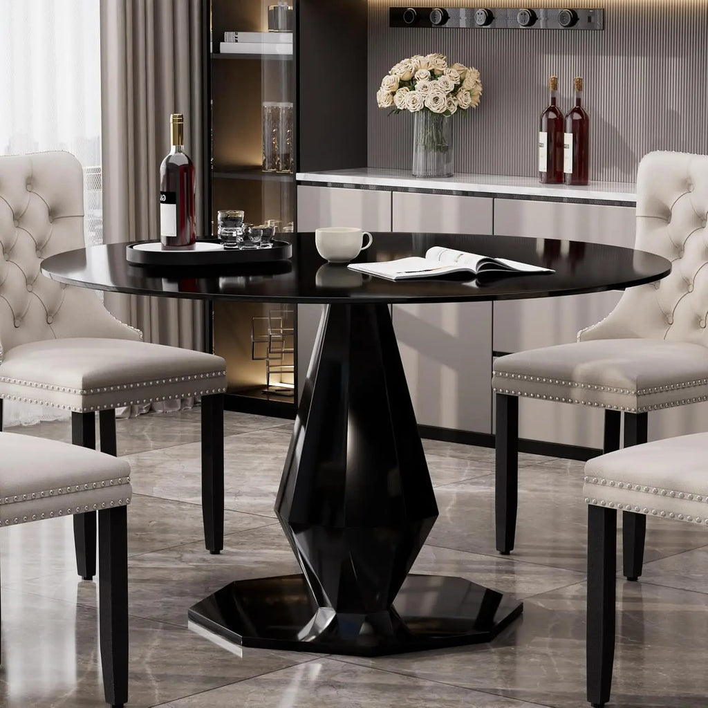 Round Dining Table 47" Black Glass Top Steel Base Modern Luxury Kitchen Dinner Table for 4-6 Home Living Room, Customized