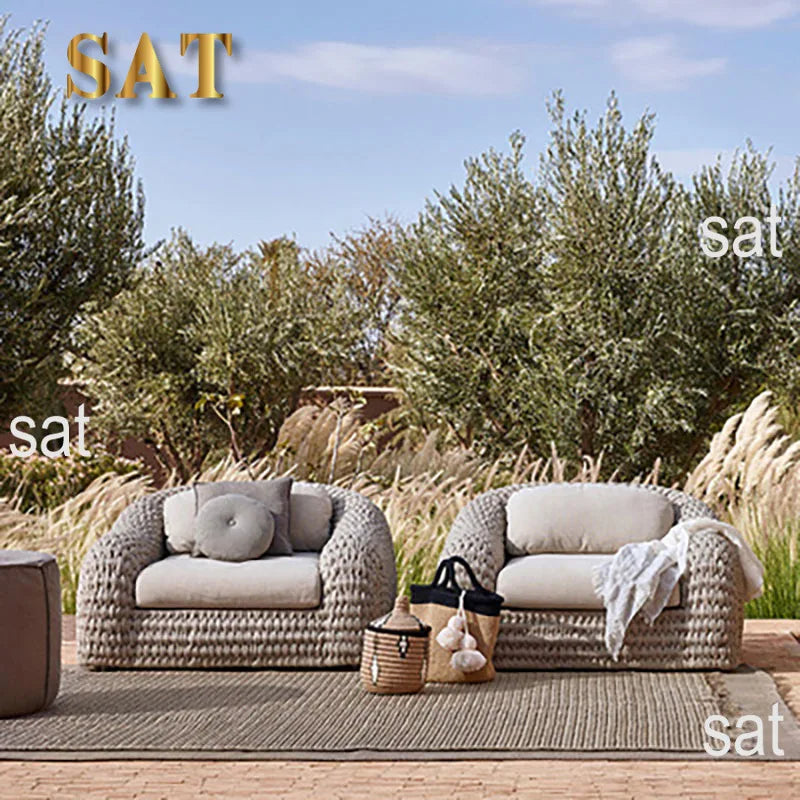 Outdoor sunscreen PE rattan rope sofa set with waterproof seat cushion Nordic design U-shaped removable garden furniture