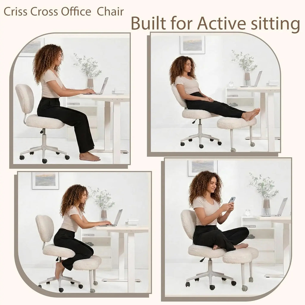 Cross Legged Chair with Wheels, Ergonomic Office Chair for ADHD, Height Adjustable, Lumbar Support, Teddy Fabric, Ivory