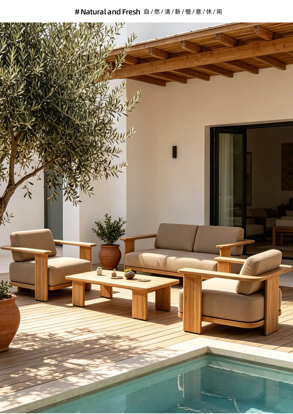 Outdoor Sofa, Patio Furniture, Teak Sofa, Anti-Corrosion And Sun-Resistant, Outdoor Terrace, Solid Wood Sofa, Leisure Outdoor Fu