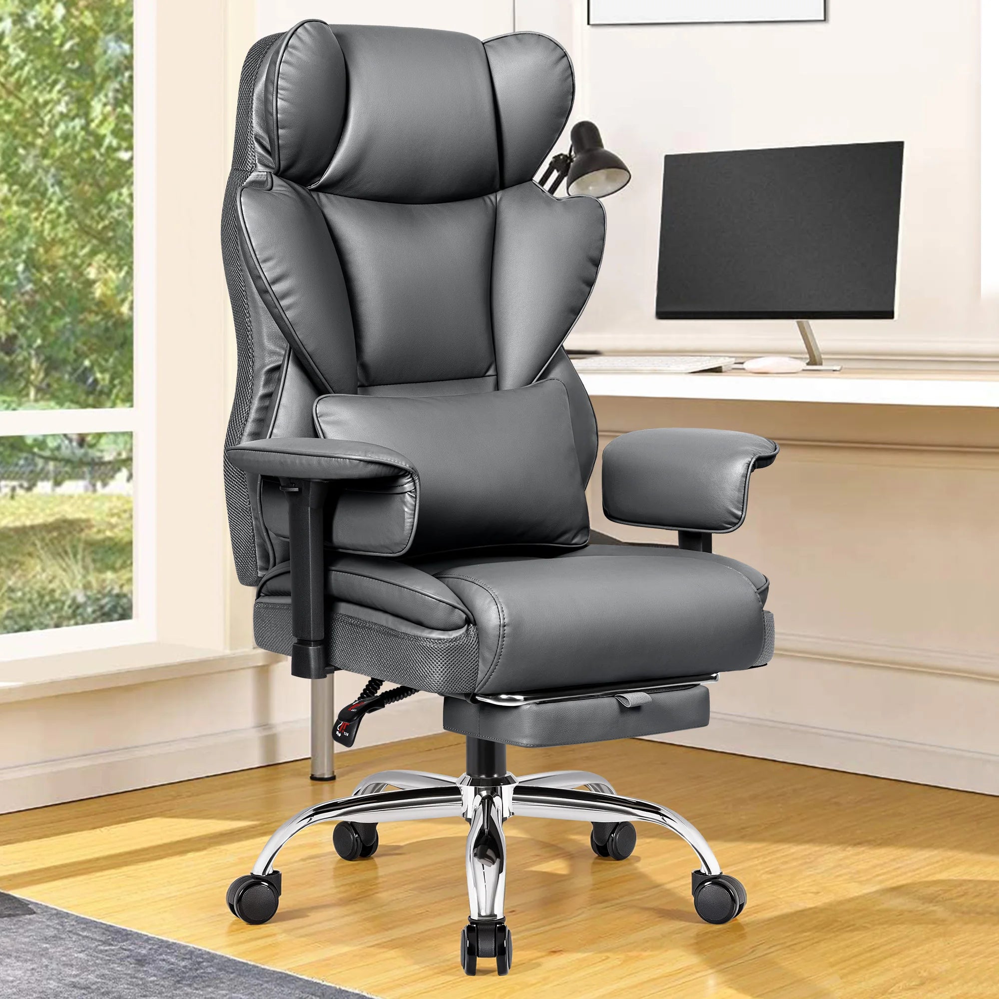 KERDOM Big and Tall Gaming Chair 500lbs Wide Seat and Footrest, Ergonomic Chair with Pocket Spring Cushion and Armrest, Metal Base & Quiet Rubber Wheels, Leather Office Chair with Adjustment Headrest and Lumbar Support for Lo