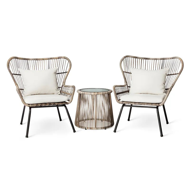 Modern 3-Piece 2-Seater Comfortable Metal Frame Rattan Wicker Chair and Table Set  For Outdoor Balcony Courtyard Apartment Patio
