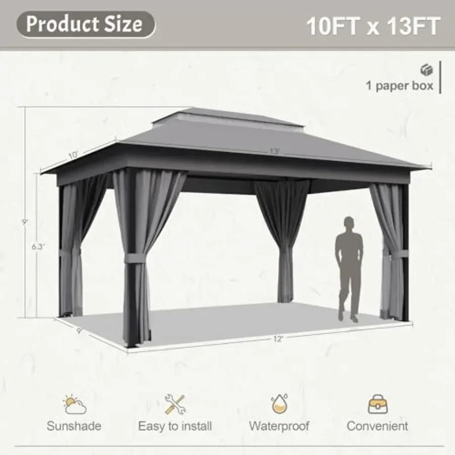 Outdoor Gazebo for Patio 10'x 13' Heavy Duty Metal Fe  with Expansion Bolts Double Roofs Party Tent Shelter with Mosquito Netti