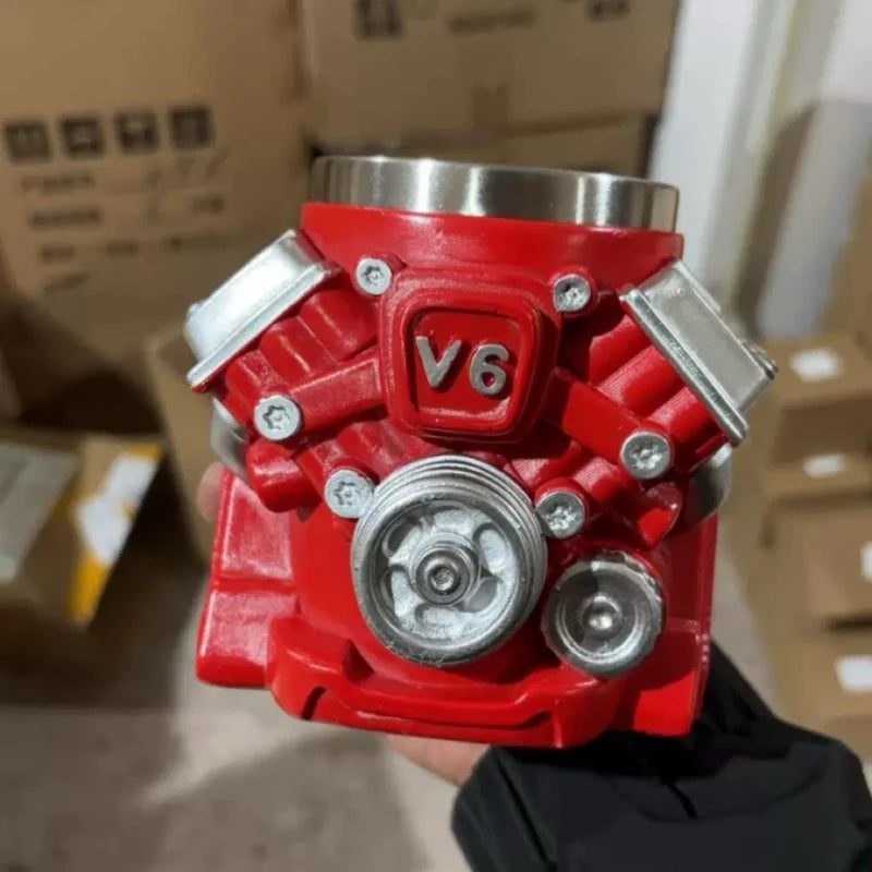 V8/V6 Engine Shape Coffee Mug Creative Stainless Steel Liner Car Enthusiast Gift Red Mechanical Style Cup