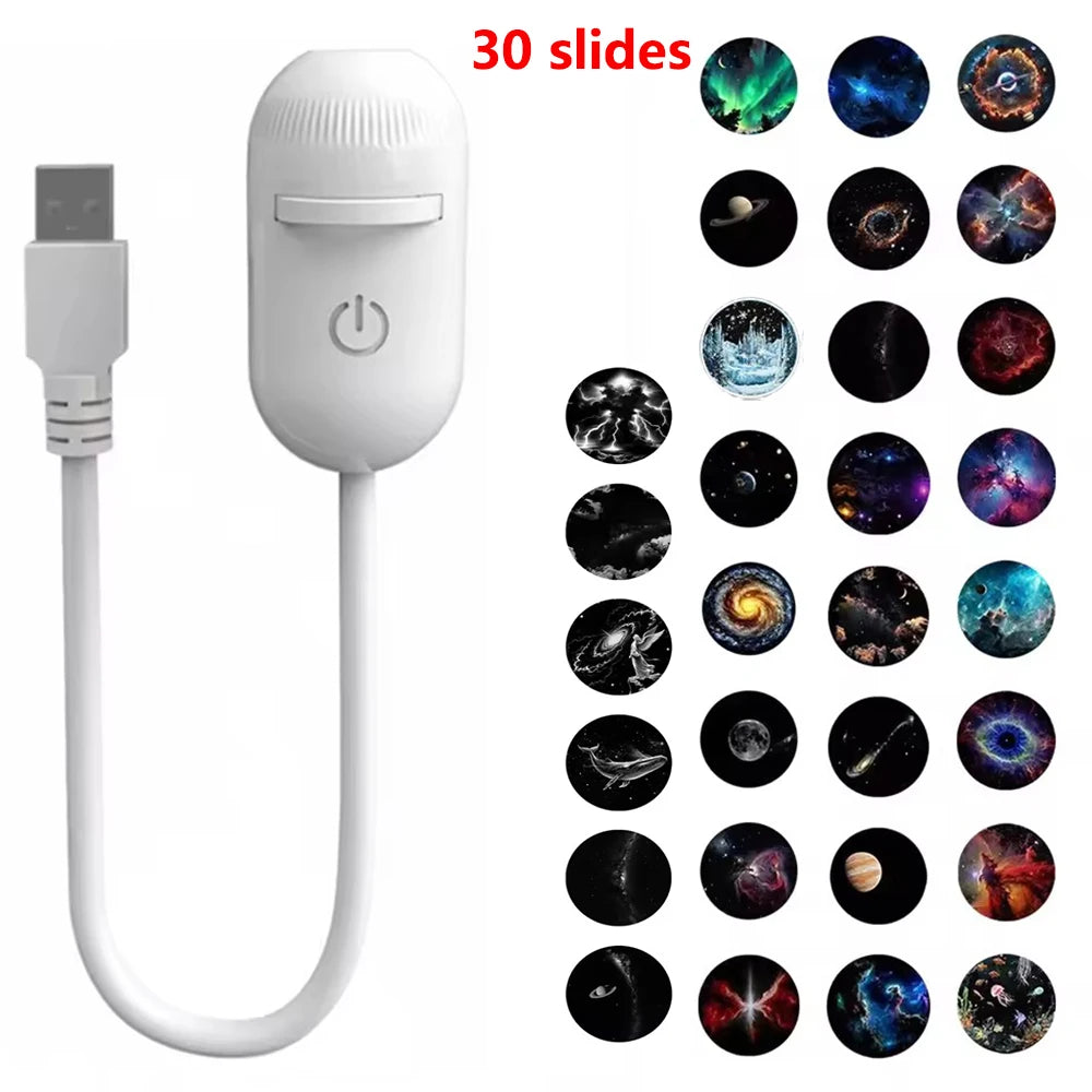 30 Projection Slides 2-in-1 Mini USB Galaxy Star Projector Night Light – Starry Sky Ambient Lamp for Bedroom Sleep & Decoration