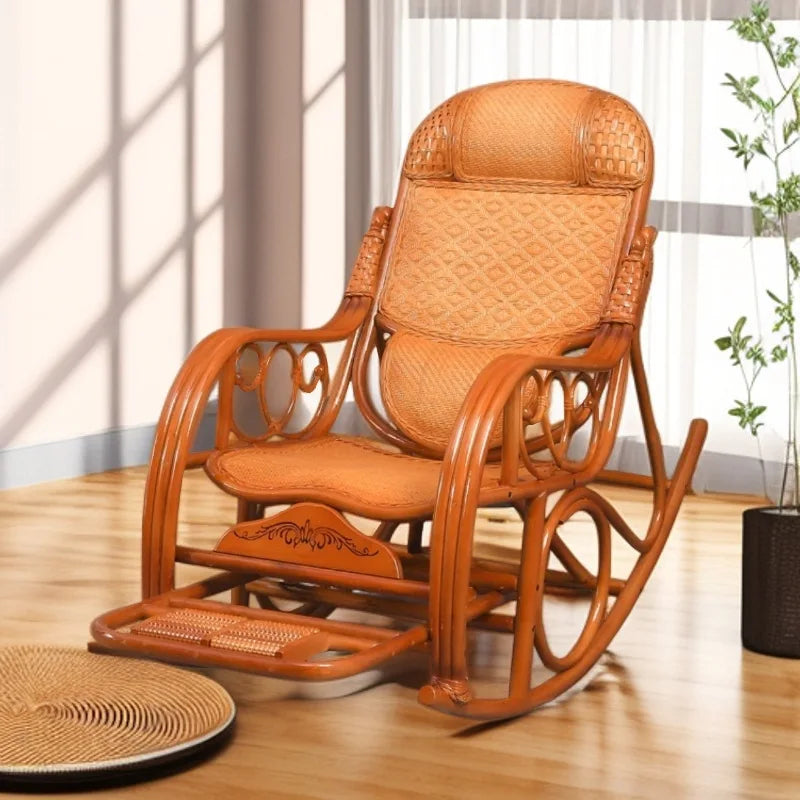 Balcony elderly rattan chair household large medium new Chinese real rattan recliner