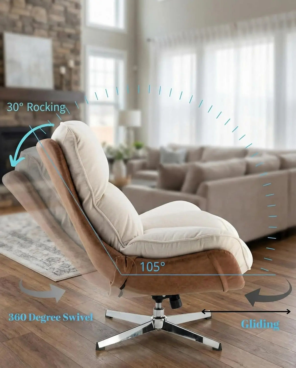 Modern Swivel Lounge Chair High Back Recliner with Metal Base for Living Room Office Beige Comfortable