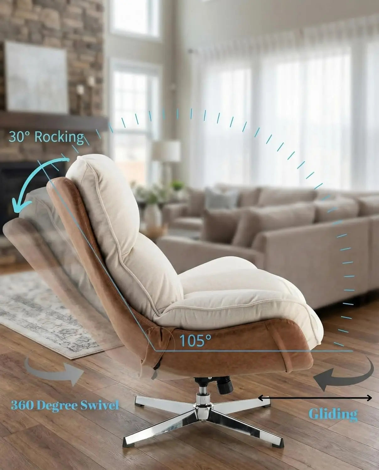 Modern Swivel Lounge Chair High Back Recliner with Metal Base for Living Room Office Beige Comfortable