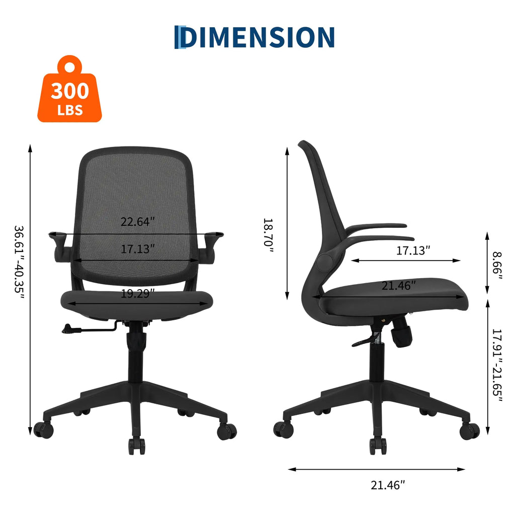 Ergonomic Office Chair With Flip Up Arms, Black Mesh Desk Chair With Lumbar Support, Adjustable Swivel Computer Chair For Home Office