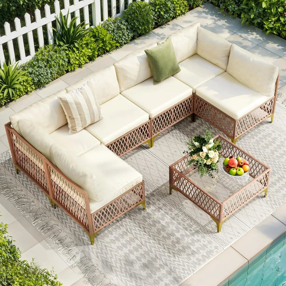 7-Piece Wicker Outdoor Sectional Sofa Patio Set with Washable Cushions & Glass Table, All-Weather for Backyard & Porch, Custom