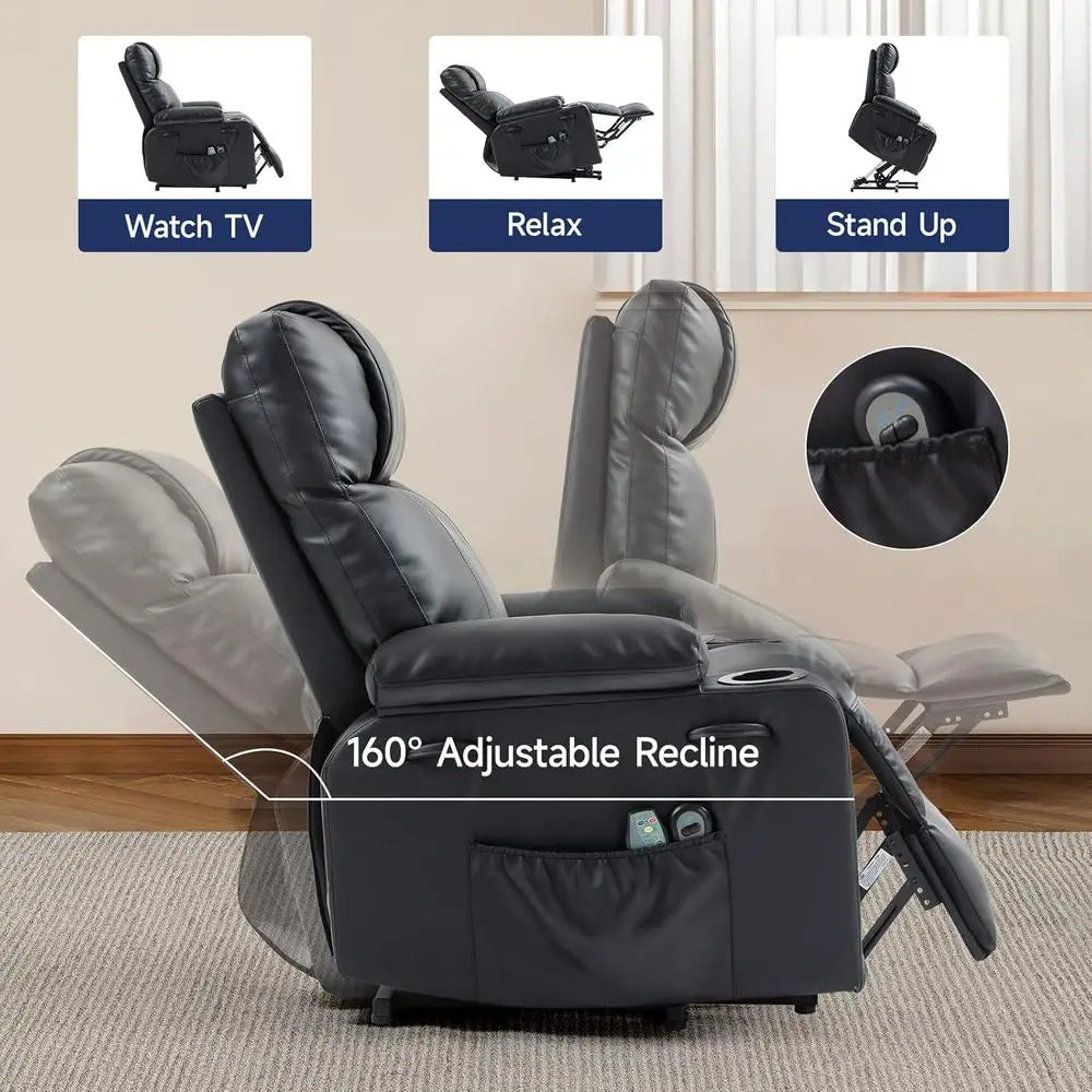 Power Lit Recliner Chair or Elderly with Massage & Heat, 160° Adjustable PU Leather Electric Recliner with Remote, Cup Holders,