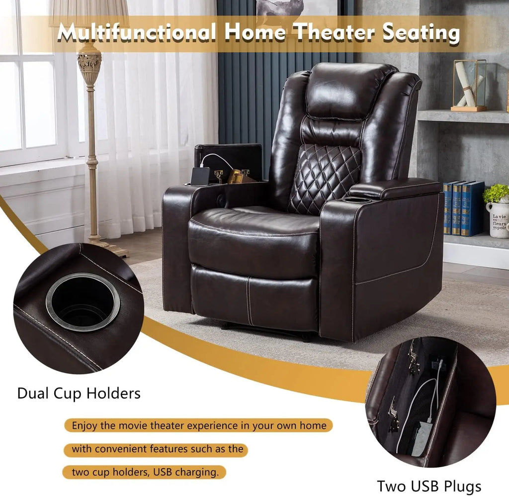 Electric Power Recliner Chair with USB Ports and Cup Holders, Breathable Leather Home Theater Seating with Hidden Arm Storage