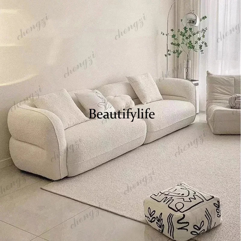New arrive Nordic cream fabric sofa curved living room small apartment minimalist lamb wool three-person straight sofa