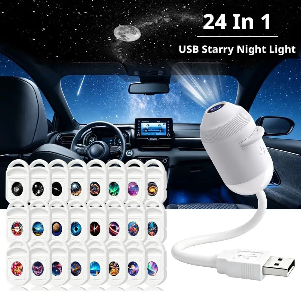 Car HD Smart Dynamic Holographic Night Light Projector USB Galaxy Projector 3/6/12/24 Projection Films Bedroom Night Sleep Light