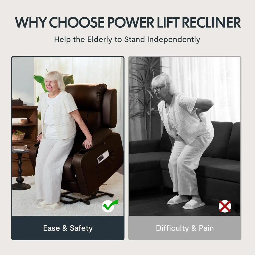 Electric Lift Recliner Chair with Massage & Heat for Elderly, PU Leather Sofa Cup Holders