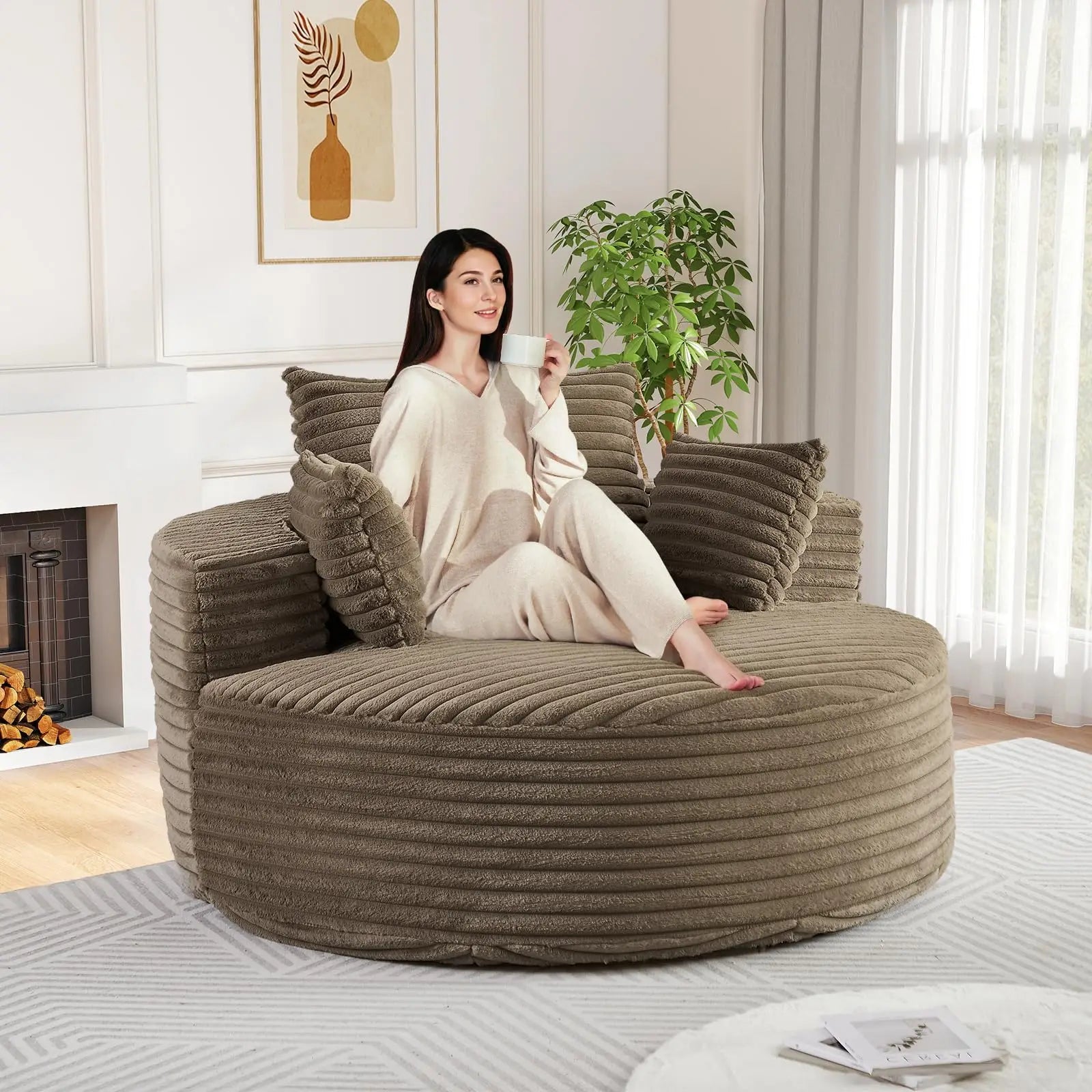 Round Chaise Longue Chair Indoor, Modern 55-inch Upholstered Corduroy Deep Seat Circle Single Cloud Lounge, Customized