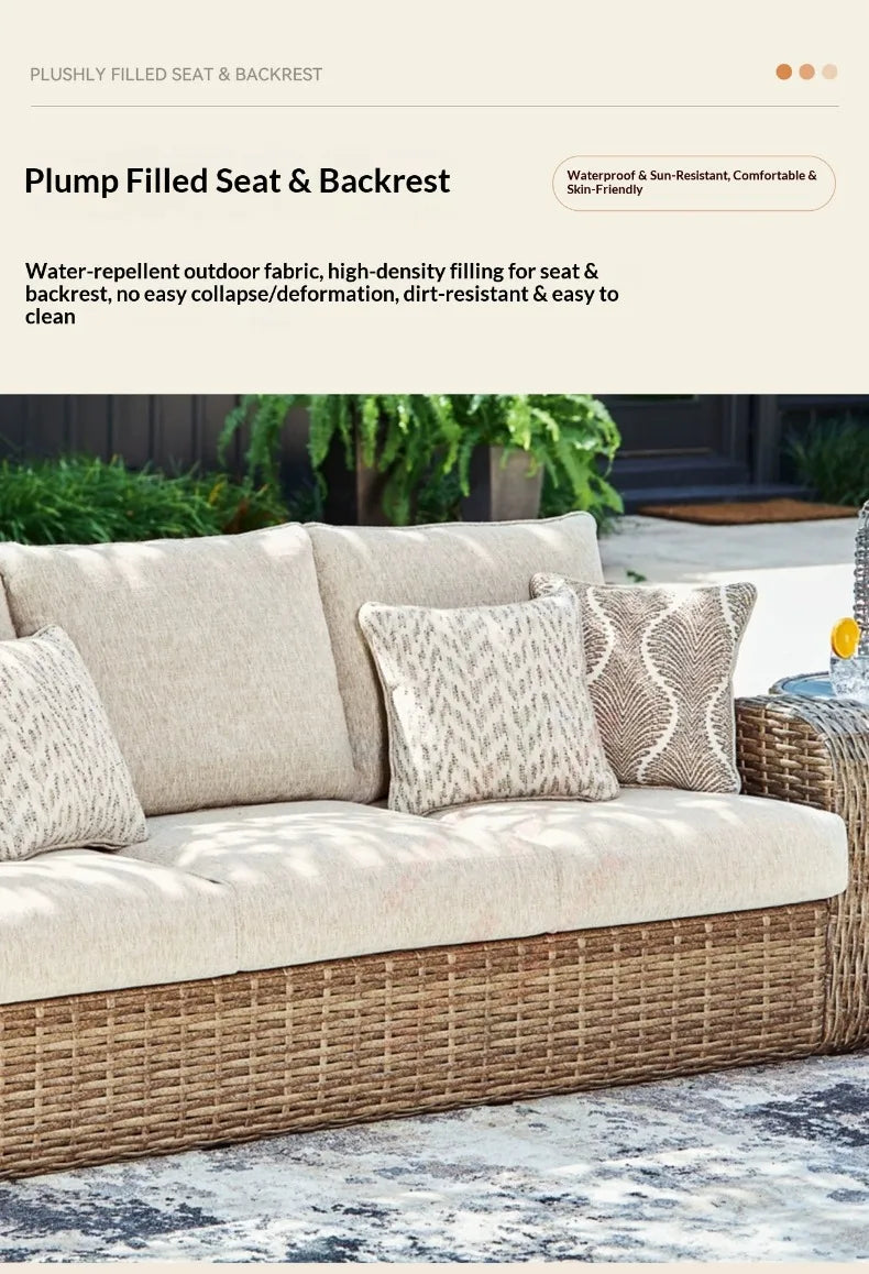 Outdoor PE Rattan Sofa Table Set, Waterproof Sun‑Resistant Patio Furniture for Garden, Balcony and Backyard Leisure Use