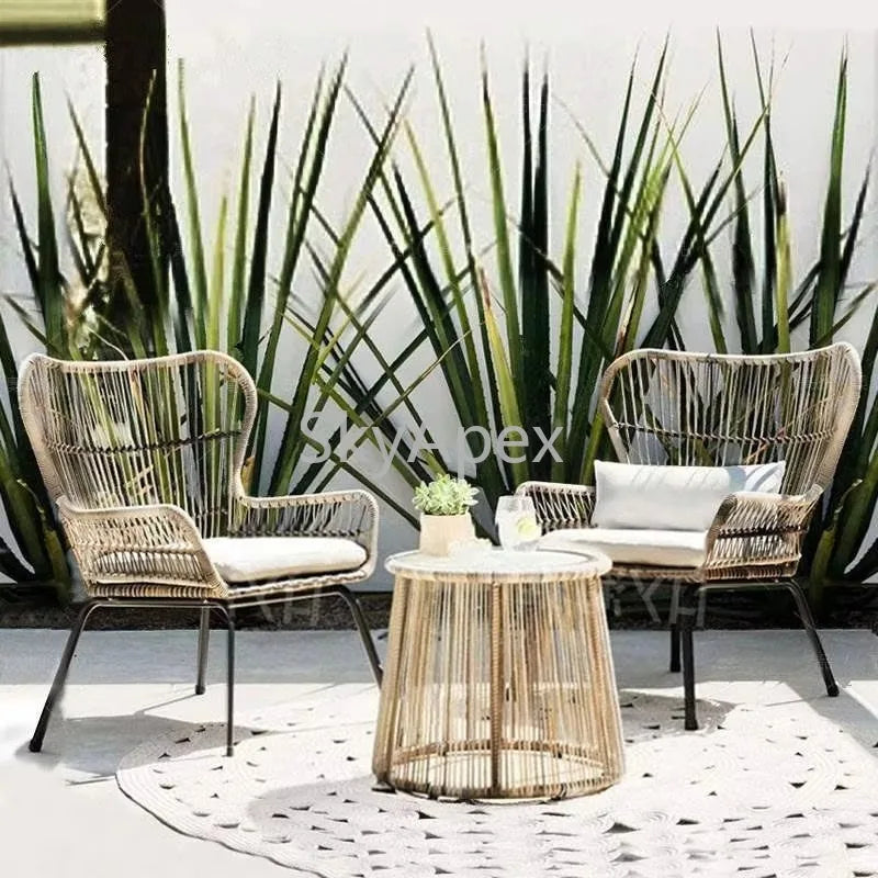 Modern 3-Piece 2-Seater Comfortable Metal Frame Rattan Wicker Chair and Table Set  For Outdoor Balcony Courtyard Apartment Patio