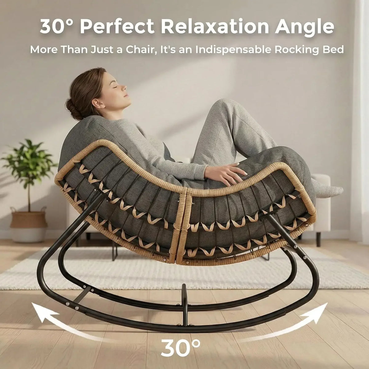 Papasan Rocking Chair Outdoor, Oversized Patio Egg Chair with Thick Cushion, Indoor Wicker Lounge Rocker Bed for Balcony, Porch,
